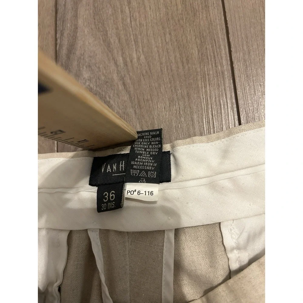 Van Heusen Men's Dress Pants 36x30 Beige Mid-Rise Pleated Cuffed Linen